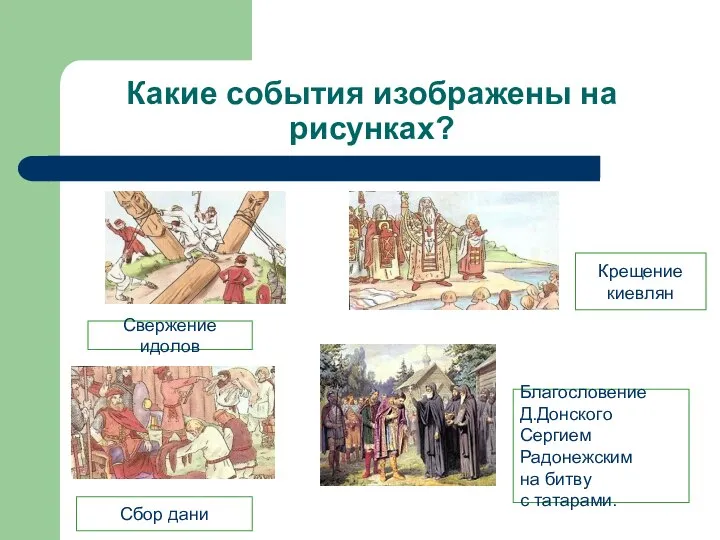 Какие события изображены на рисунках? Свержение идолов Сбор дани Крещение киевлян