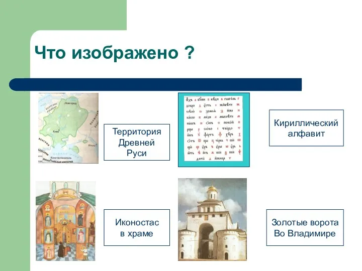 Что изображено ? Территория Древней Руси Иконостас в храме Кириллический алфавит Золотые ворота Во Владимире