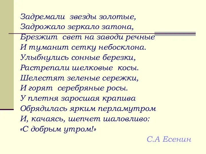 Задремали звезды золотые, Задрожало зеркало затона, Брезжит свет на заводи речные