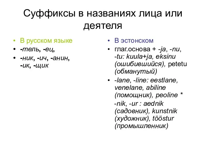 Суффиксы в названиях лица или деятеля В русском языке -тель, -ец,