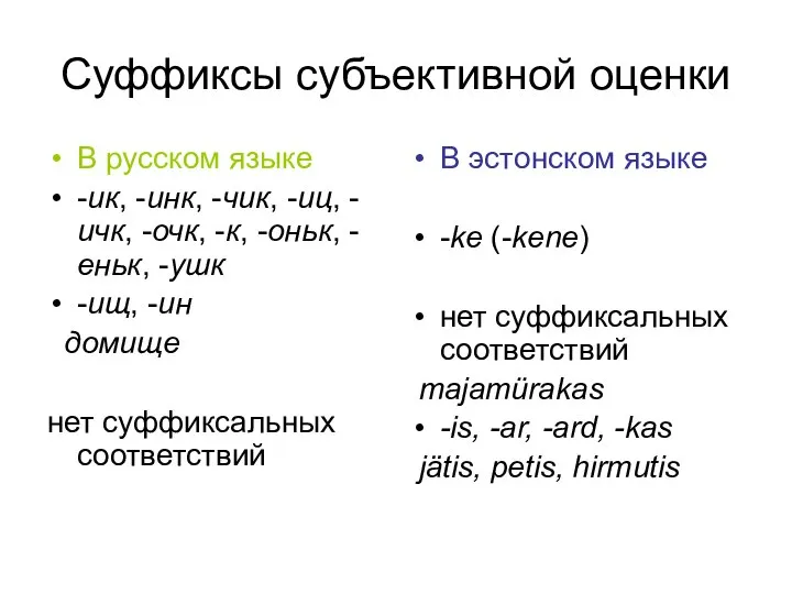 Суффиксы субъективной оценки В русском языке -ик, -инк, -чик, -иц, -ичк,