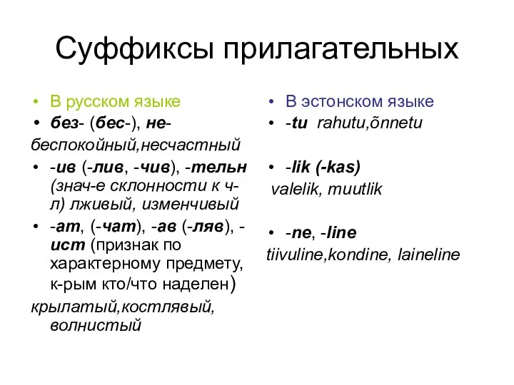 Суффиксы прилагательных В русском языке без- (бес-), не- беспокойный,несчастный -ив (-лив,