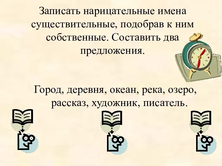 Записать нарицательные имена существительные, подобрав к ним собственные. Составить два предложения.