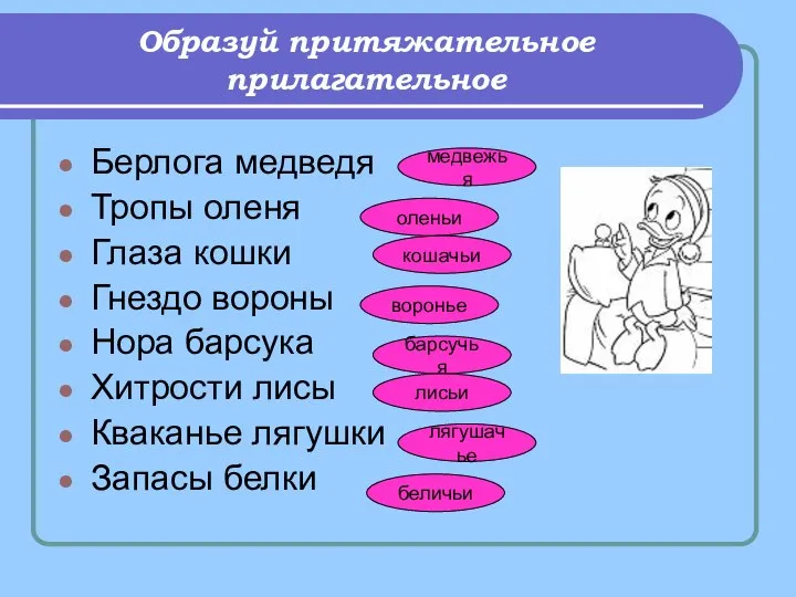 Образуй притяжательное прилагательное Берлога медведя Тропы оленя Глаза кошки Гнездо вороны