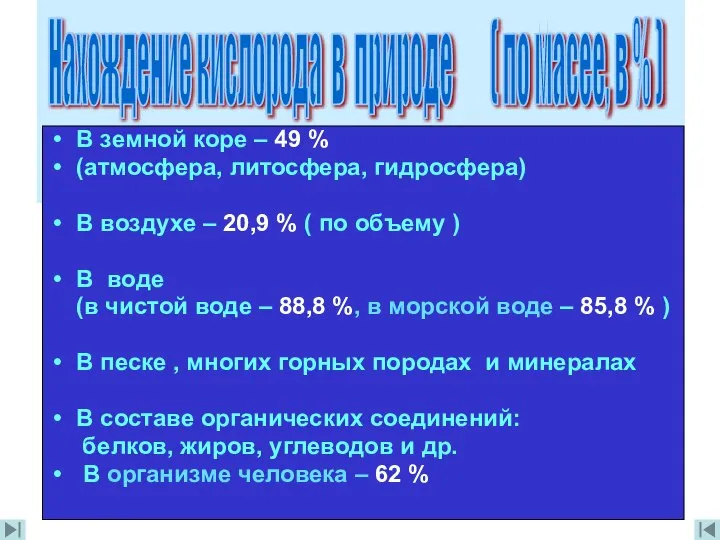 В земной коре – 49 % (атмосфера, литосфера, гидросфера) В воздухе