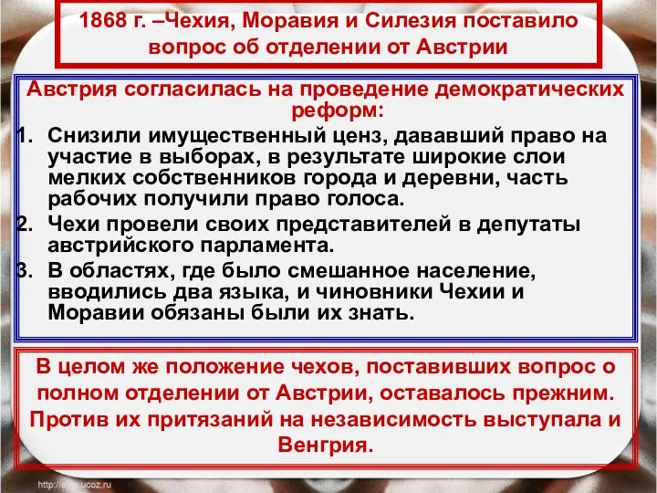 1868 г. –Чехия, Моравия и Силезия поставило вопрос об отделении от