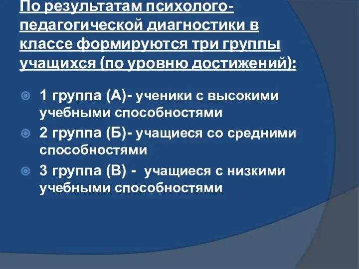 По результатам психолого-педагогической диагностики в классе формируются три группы учащихся (по