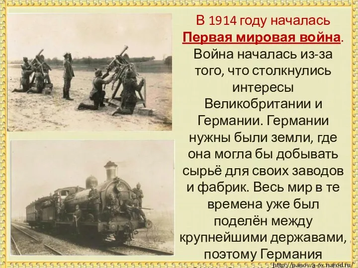 В 1914 году началась Первая мировая война. Война началась из-за того,