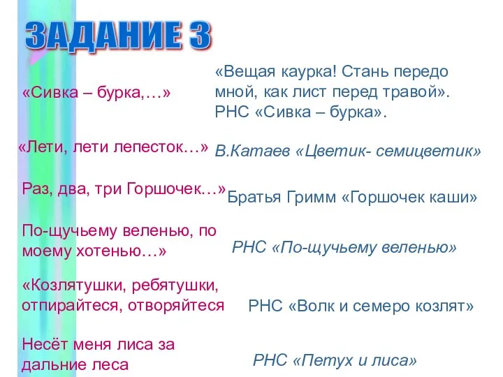 ЗАДАНИЕ 3 «Сивка – бурка,…» «Вещая каурка! Стань передо мной, как