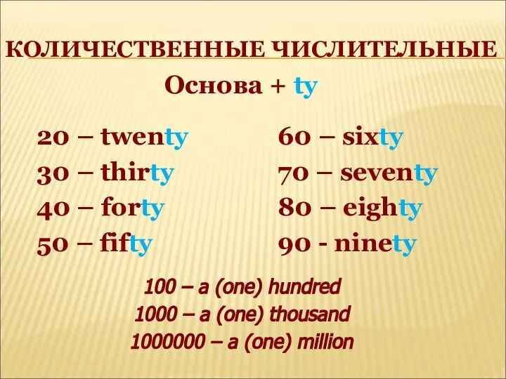 КОЛИЧЕСТВЕННЫЕ ЧИСЛИТЕЛЬНЫЕ 20 – twenty 30 – thirty 40 – forty