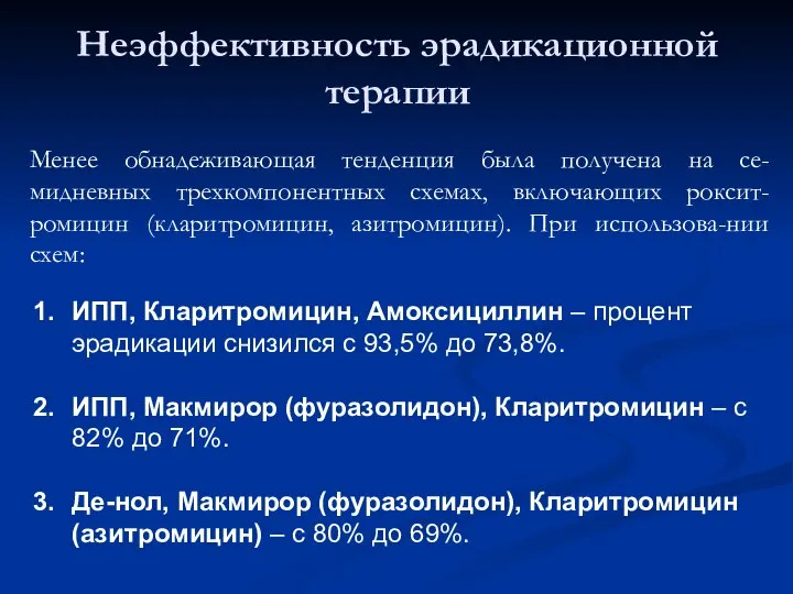 Неэффективность эрадикационной терапии Менее обнадеживающая тенденция была получена на се-мидневных трехкомпонентных