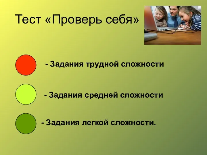 Тест «Проверь себя» - Задания трудной сложности - Задания средней сложности - Задания легкой сложности.