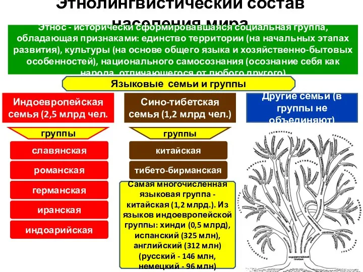 Этнолингвистический состав населения мира Этнос - исторически сформировавшаяся социальная группа, обладающая