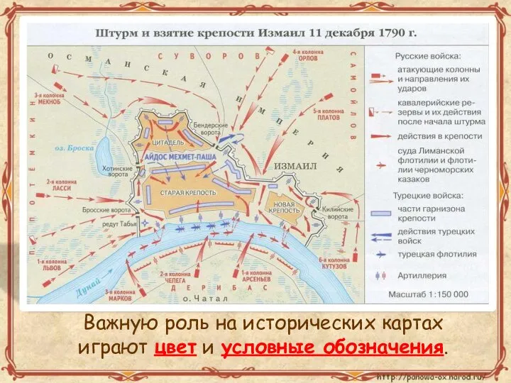 Важную роль на исторических картах играют цвет и условные обозначения.