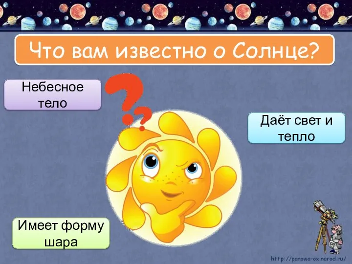 Что вам известно о Солнце? Небесное тело Даёт свет и тепло Имеет форму шара