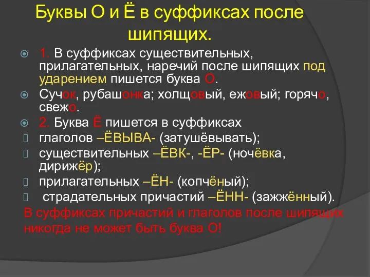 Буквы О и Ё в суффиксах после шипящих. 1. В суффиксах