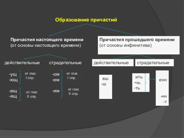 Образование причастий Причастия настоящего времени (от основы настоящего времени) Причастия прошедшего