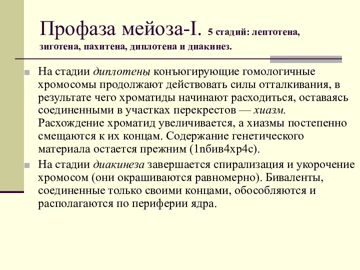 Профаза мейоза-I. 5 стадий: лептотена, зиготена, пахитена, диплотена и диакинез. На