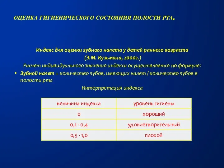 Индекс для оценки зубного налета у детей раннего возраста (Э.М. Кузьмина,