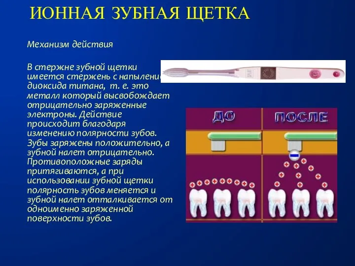 Ионная зубная щетка Механизм действия В стержне зубной щетки имеется стержень