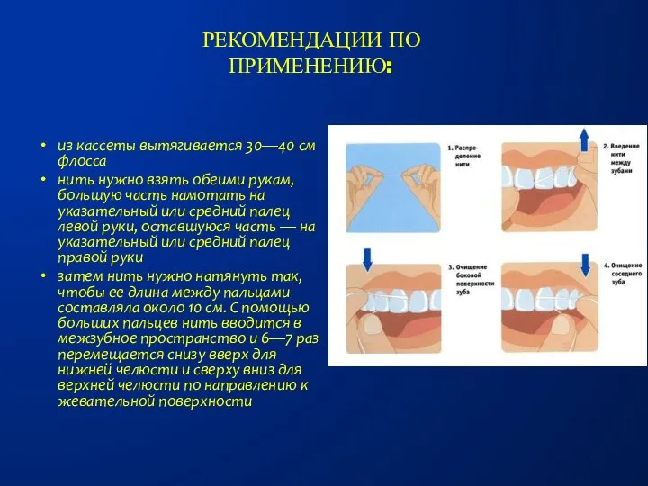 Рекомендации по применению: из кассеты вытягивается 30—40 см флосса нить нужно