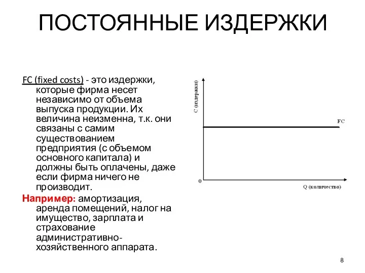 ПОСТОЯННЫЕ ИЗДЕРЖКИ FC (fixed costs) - это издержки, которые фирма несет