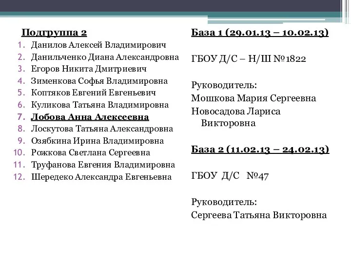 Подгруппа 2 Данилов Алексей Владимирович Данильченко Диана Александровна Егоров Никита Дмитриевич