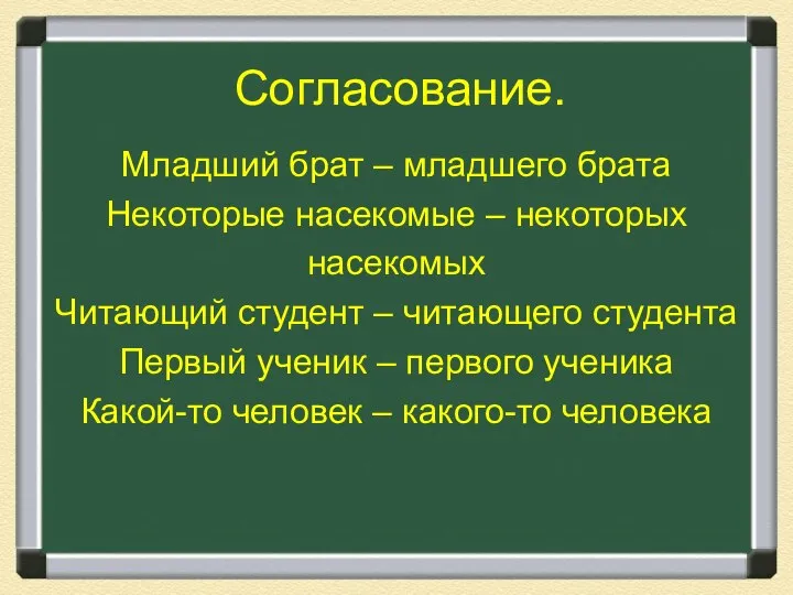 Согласование. Младший брат – младшего брата Некоторые насекомые – некоторых насекомых