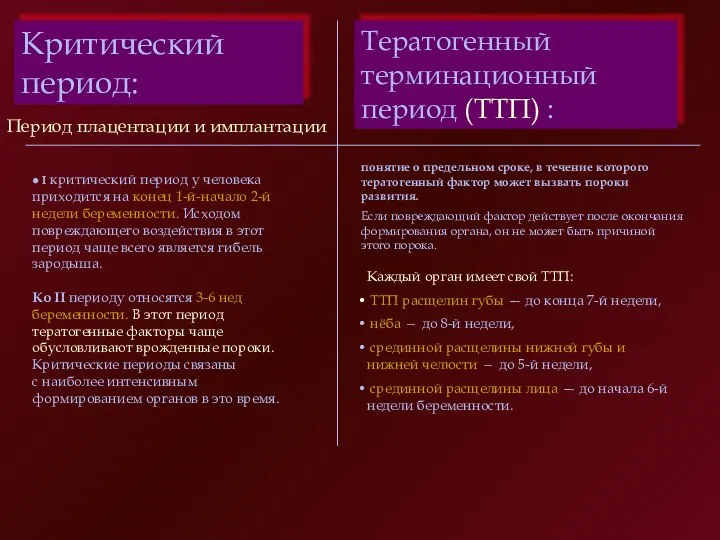 Критический период: Тератогенный терминационный период (ТТП) : Период плацентации и имплантации