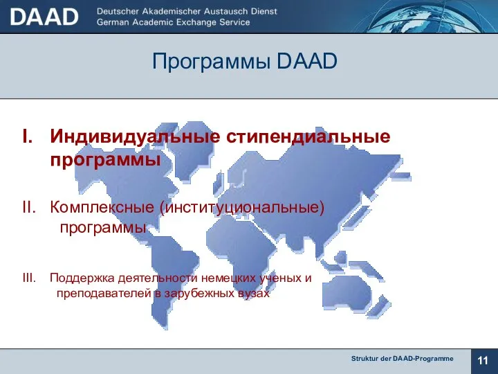 Программы DAAD I. Индивидуальные стипендиальные программы II. Комплексные (институциональные) программы III.