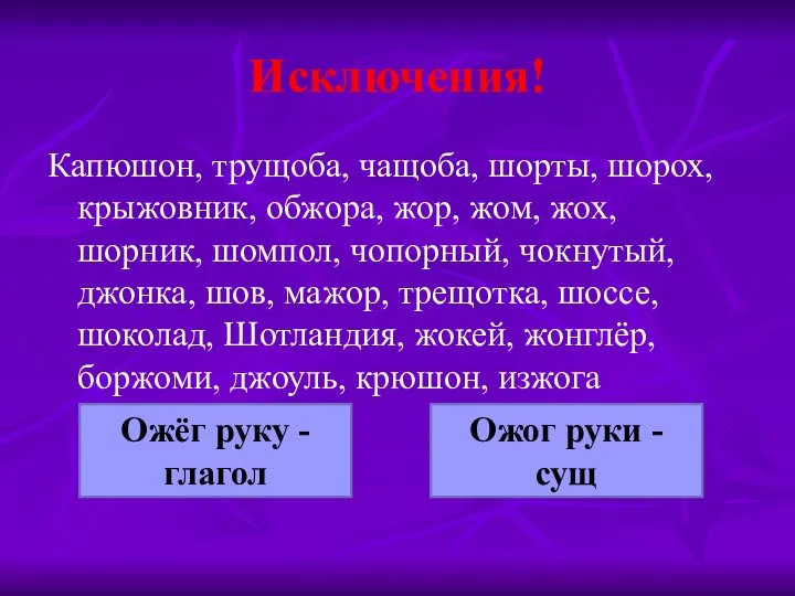 Исключения! Капюшон, трущоба, чащоба, шорты, шорох, крыжовник, обжора, жор, жом, жох,