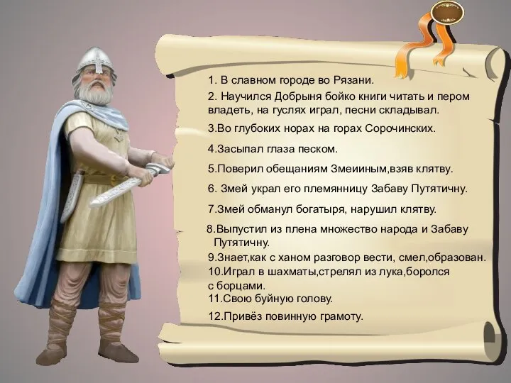 1. В славном городе во Рязани. 2. Научился Добрыня бойко книги