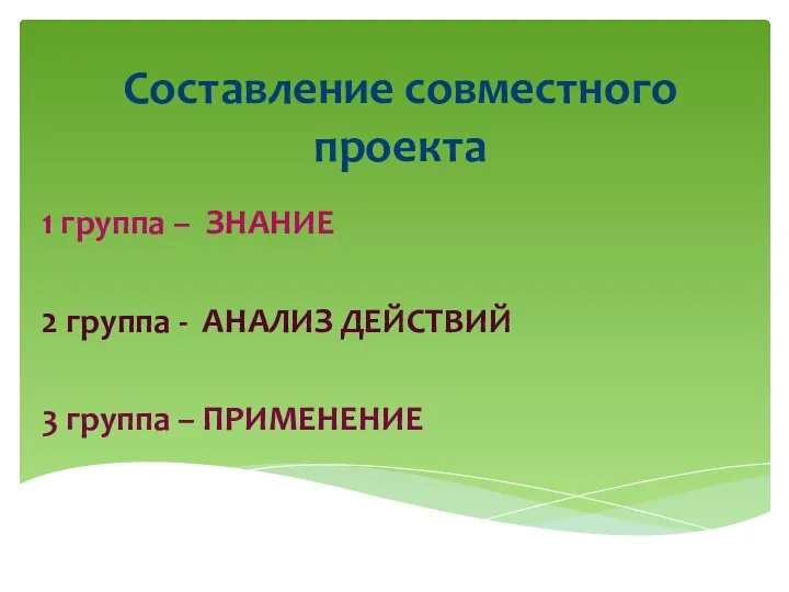 Составление совместного проекта 1 группа – ЗНАНИЕ 2 группа - АНАЛИЗ ДЕЙСТВИЙ 3 группа – ПРИМЕНЕНИЕ