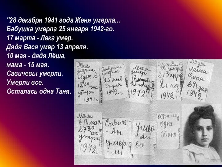 "28 декабря 1941 года Женя умерла... Бабушка умерла 25 января 1942-го.