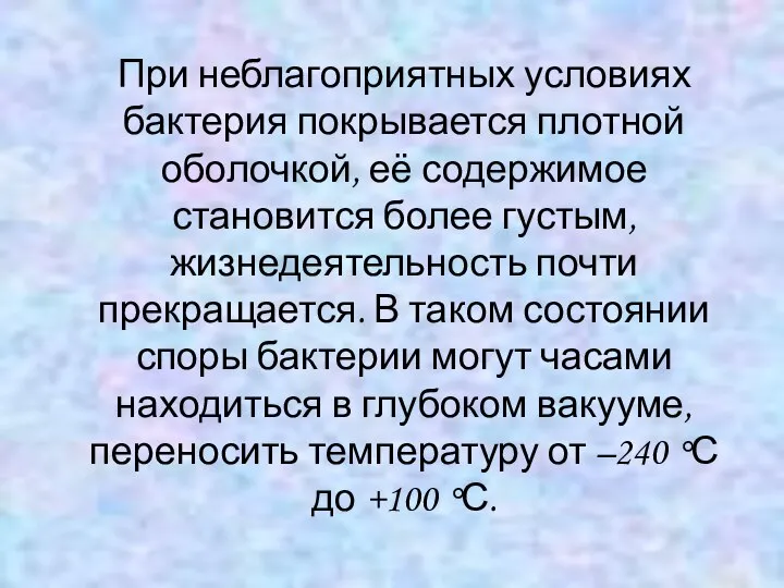 При неблагоприятных условиях бактерия покрывается плотной оболочкой, её содержимое становится более