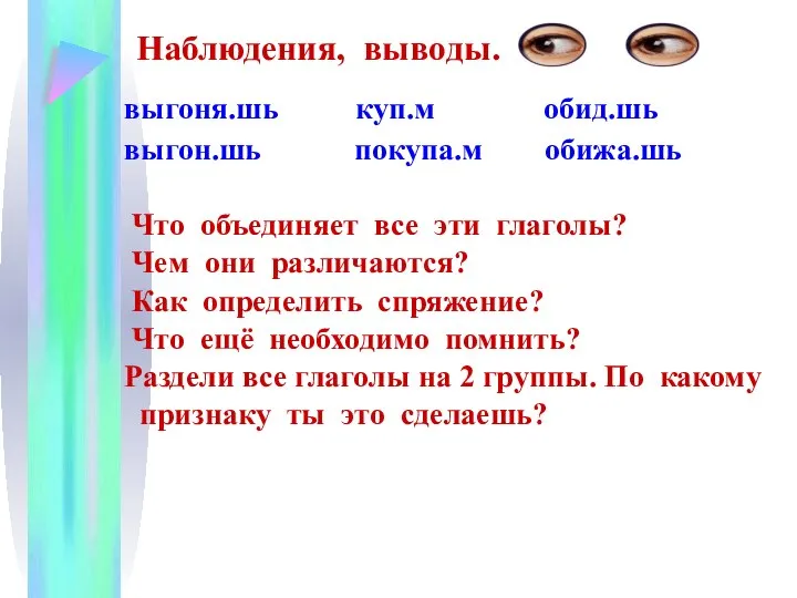 Наблюдения, выводы. выгоня.шь куп.м обид.шь выгон.шь покупа.м обижа.шь Что объединяет все