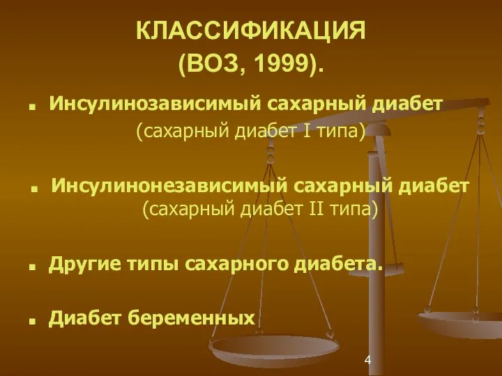 КЛАССИФИКАЦИЯ (ВОЗ, 1999). Инсулинозависимый сахарный диабет (сахарный диабет I типа) Инсулинонезависимый