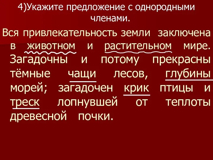 4)Укажите предложение с однородными членами. Вся привлекательность земли заключена в животном