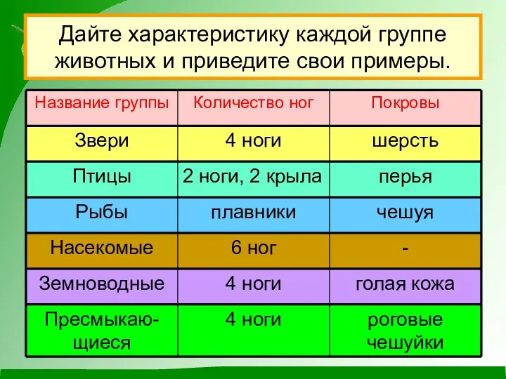 Дайте характеристику каждой группе животных и приведите свои примеры.