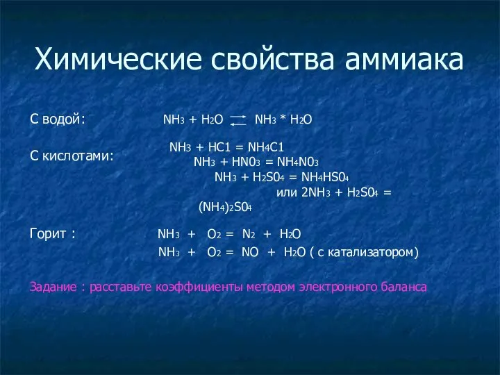 Химические свойства аммиака C водой: NH3 + H2O NH3 * H2O