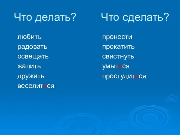 Что делать? Что сделать? любить радовать освещать жалить дружить веселиться пронести прокатить свистнуть умыться простудиться