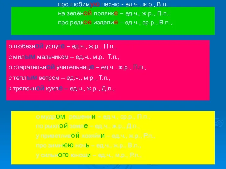 про любимую песню - ед.ч., ж.р., В.п. на зелёной полянке –