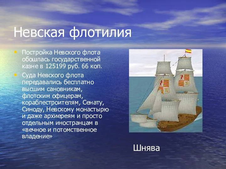 Невская флотилия Постройка Невского флота обошлась государственной казне в 125199 руб.