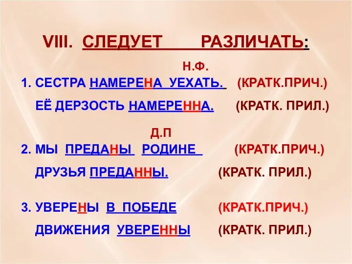 VIII. СЛЕДУЕТ РАЗЛИЧАТЬ: Н.Ф. 1. СЕСТРА НАМЕРЕНА УЕХАТЬ. (КРАТК.ПРИЧ.) ЕЁ ДЕРЗОСТЬ