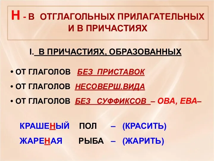 I. В ПРИЧАСТИЯХ, ОБРАЗОВАННЫХ ОТ ГЛАГОЛОВ БЕЗ ПРИСТАВОК ОТ ГЛАГОЛОВ НЕСОВЕРШ.ВИДА