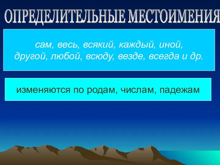 сам, весь, всякий, каждый, иной, другой, любой, всюду, везде, всегда и