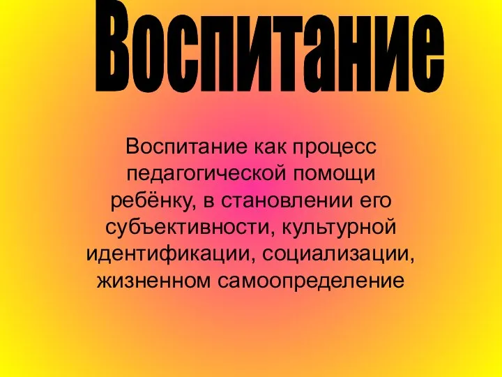 Воспитание как процесс педагогической помощи ребёнку, в становлении его субъективности, культурной идентификации, социализации, жизненном самоопределение Воспитание