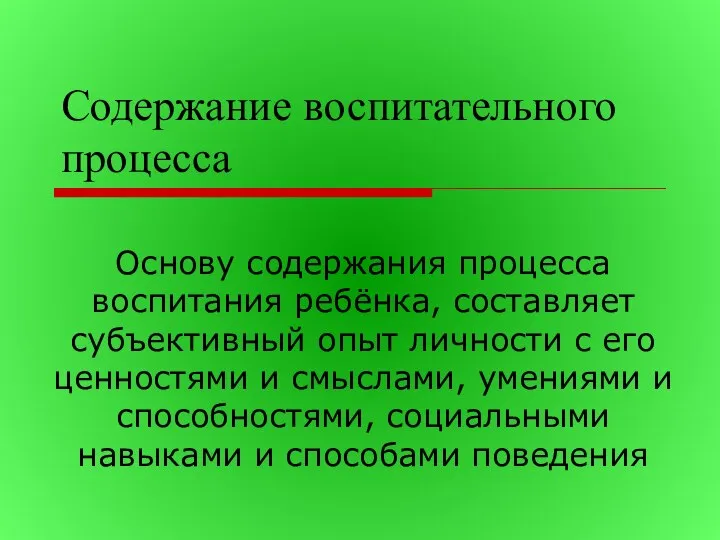 Содержание воспитательного процесса Основу содержания процесса воспитания ребёнка, составляет субъективный опыт