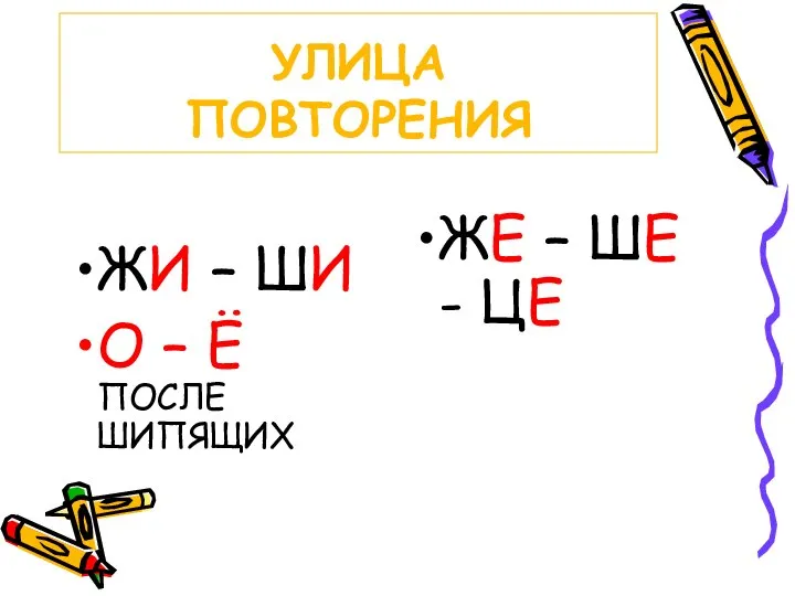 УЛИЦА ПОВТОРЕНИЯ ЖИ – ШИ О – Ё ПОСЛЕ ШИПЯЩИХ ЖЕ – ШЕ - ЦЕ