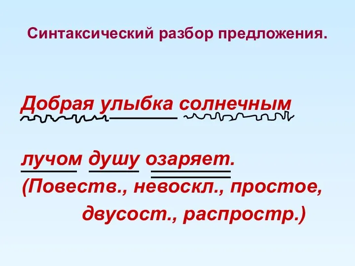 Синтаксический разбор предложения. Добрая улыбка солнечным лучом душу озаряет. (Повеств., невоскл., простое, двусост., распростр.)